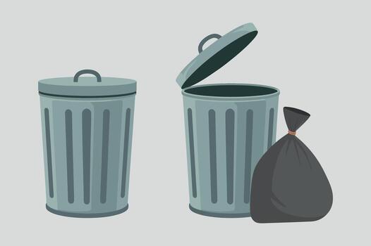 Trash Can Illustration with Closed and Open Lid and Garbage Bag for Waste Management and Recycling Icons vector