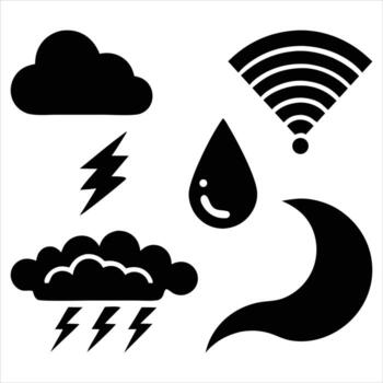 Collection of weather icons including clouds rain lightning moon and wifi signal in a simple silhouette style vector