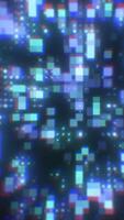 Blurred glowing squares and pixels in various colors floating in a dark digital space, creating a cyberpunk-inspired aesthetic video