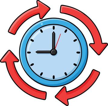 reloj con rojo circular flechas ilustrando hora administración y continuo proceso concepto en estilo vector