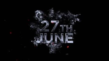 27th june text with smoke effect and small red particle elements on a black background video