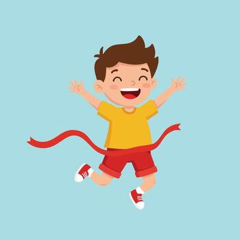 Happy boy crossing finish line in running race with red ribbon and joyful expression illustration vector