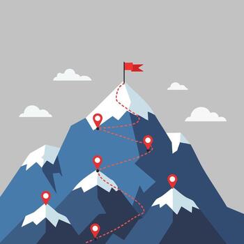 montaña con rojo bandera y ubicación marcadores demostración alpinismo ruta navegación ilustración vector