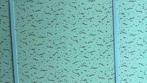 Light green wall paneling shows repeating black irregular shapes with dividing rails, high resolution photo