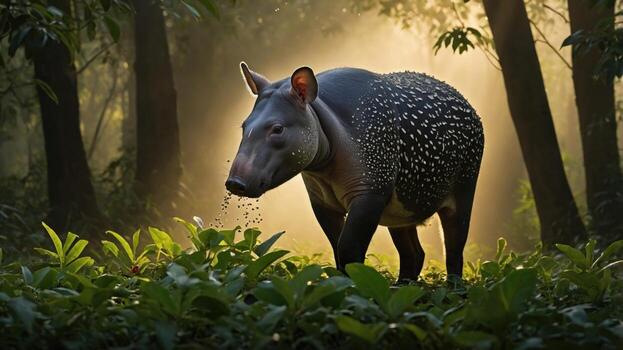 A tapir walking through a lush green forest with sunlight filtering through the trees, creating a serene atmosphere photo