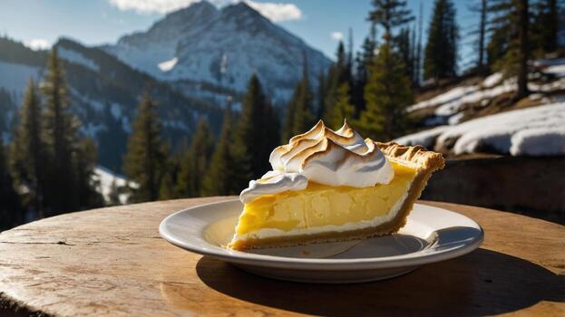 limón merengue tarta en un rústico de madera mesa con nevadas montañas y pino arboles en el antecedentes foto