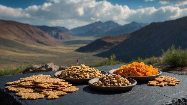 un escénico ver de un montañoso paisaje presentando un formación de seco frutas y meriendas en un mesa foto
