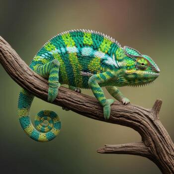 A green chameleon with intricate patterns rests on a tree branch photo