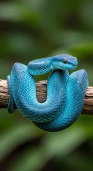 Vibrant blue pit viper coiled on a tree branch photo