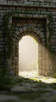 Ancient stone archway overgrown with green vines and red flowers leading to bright light image photo