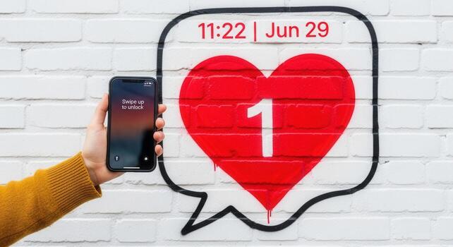 Hand holding smartphone showing swipe to unlock next to large red heart notification on brick wall photo