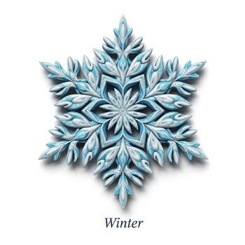 Intricate Blue and White Snowflake 3 D Render with Winter Text image photo