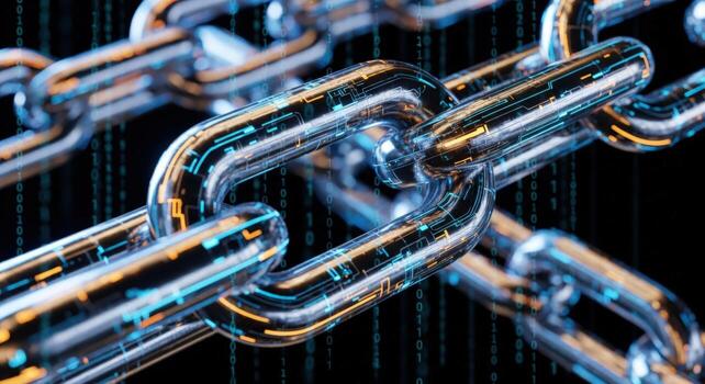 Close up of a glowing digital blockchain chain with binary code photo