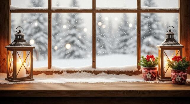 Cozy winter window scene with lanterns and snow outside photo