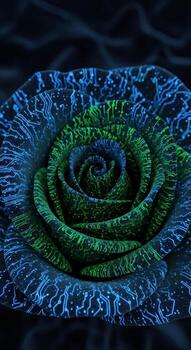 Close up of a blue and green cybernetic rose with circuit board patterns flower technology photo