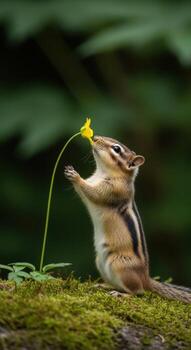 un curioso ardilla olfatea un delicado amarillo flor en el bosque foto