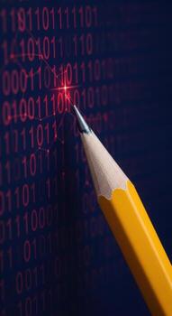 Yellow Pencil Pointing at Red Binary Code on Dark Blue Background photo