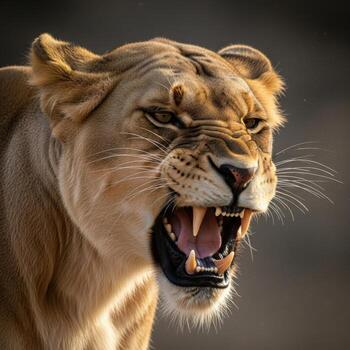 Fierce lioness snarling with mouth open, showing teeth and fangs photo