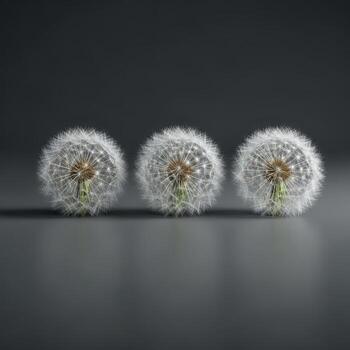 Three dandelion seed heads in a horizontal line on a dark surface photo