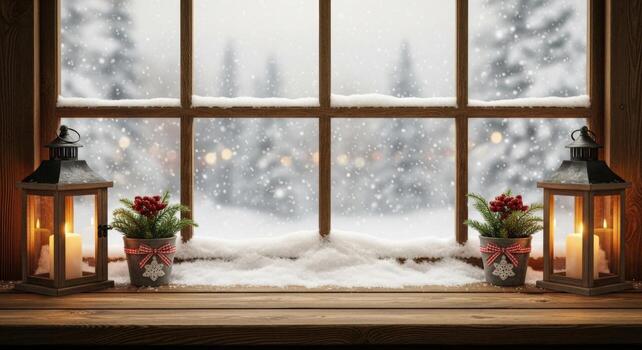 Festive christmas window with lanterns and snowy trees photo