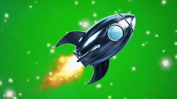 Animated cartoon rocket ship launching into space with a green screen background for easy compositing. video