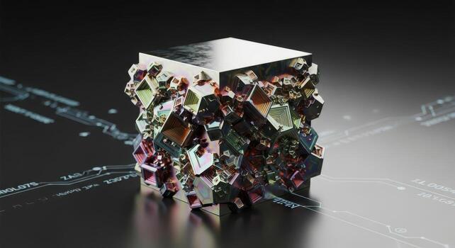 Iridescent Crystal Cluster on Dark Cube Product Podium photo