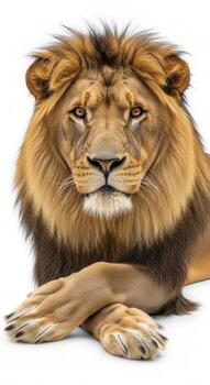 Majestic male lion resting with paws crossed, isolated on white background photo