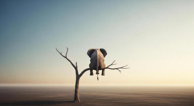 An elephant sits alone on a thin tree branch in a barren landscape photo