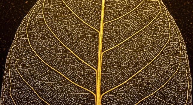 Close up of a translucent golden leaf skeleton with intricate vein patterns translucent leaf veins photo