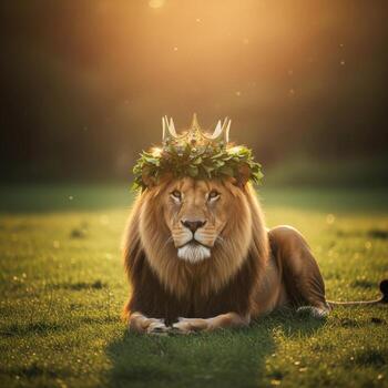 Majestic lion wearing a golden crown and laurel wreath resting on grass photo