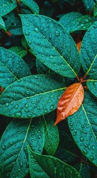 Close up of wet green leaves with a single orange leaf after rain photo