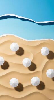 Topdown view of white beach umbrellas on a sandy shore photo