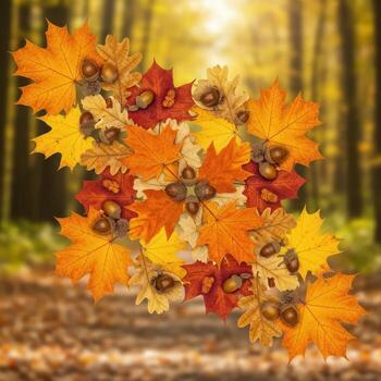 Autumn maple leaves and acorns arranged in a pattern with blurred forest background fall oak leaves photo