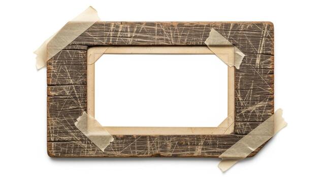 Old weathered wooden photo frame taped isolated on white background