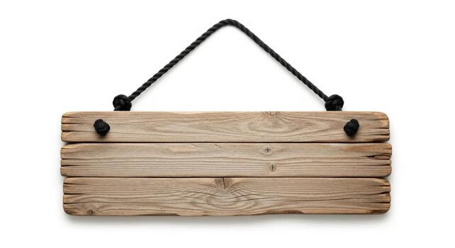 Empty wooden plank sign hanging with rope isolated on white background photo