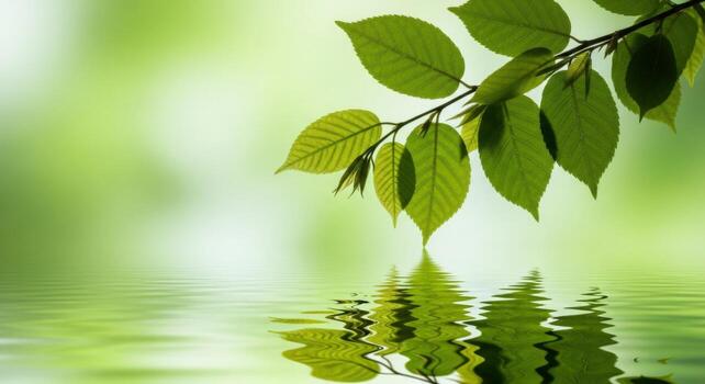 Green leaves on a branch reflected in calm water photo
