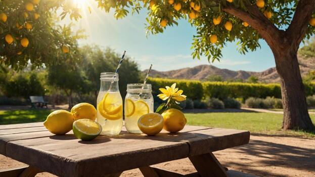 refrescante limonada frascos con limón rebanadas en un picnic mesa debajo un soleado árbol en un sereno parque foto