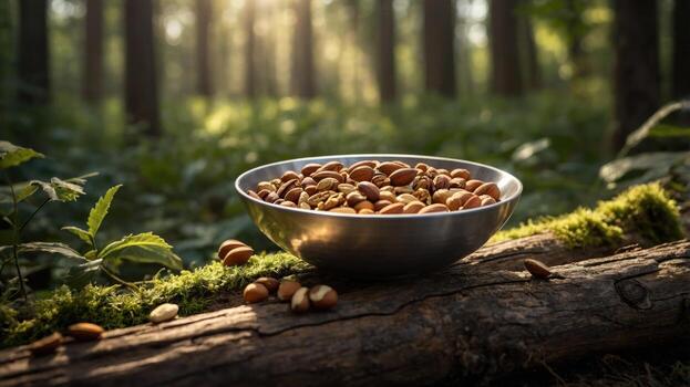 Bowl of assorted nuts placed on a log in a lush green forest, sunlight filtering through trees photo