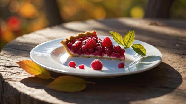 Delicious raspberry tart on a rustic wooden table surrounded by autumn foliage in a serene setting photo