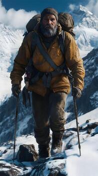 un hombre con un barba y mochila caminando arriba un montaña foto