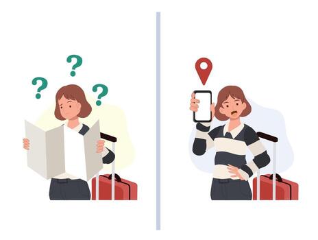 navigational concept. Female Tourist Holding Road Map and getting confuse VS. holding mobile smart phone with mobile gps searching point. vector