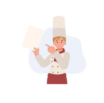 mujer cocinero con recomendado menú, índice dedo apuntando plano ilustración vector