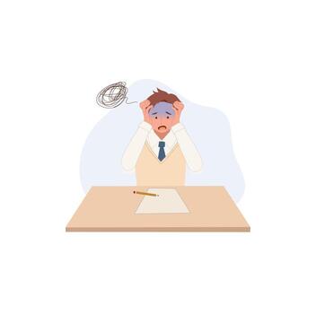 Learning and Education concept. Korean student character Doing Exam on the desk. too difficult, don't understand anything. vector