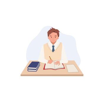 Learning and Education concept. Korean student character is learning in the classroom. writing in the notebook. vector