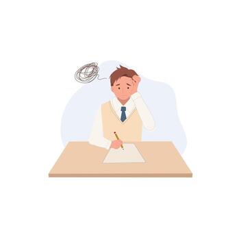 Learning and Education concept. Korean student character Doing Exam on the desk. exam is difficult, he getting some confuse. vector