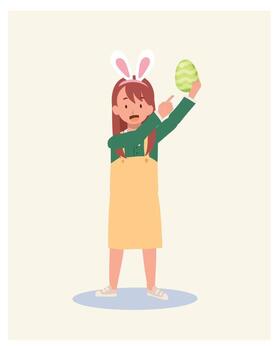 contento Pascua de Resurrección día feliz pequeño niña con conejito orejas participación Pascua de Resurrección huevo mientras señalando índice dedo a eso a espectáculo. plano estilo ilustración. vector
