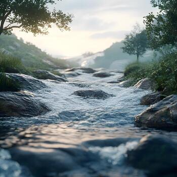 A river flowing through a forest with rocks and trees photo