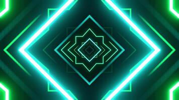 ljus grön och cyan neon tunnel med geometrisk Blixt former bakgrund vj slinga i 4k video