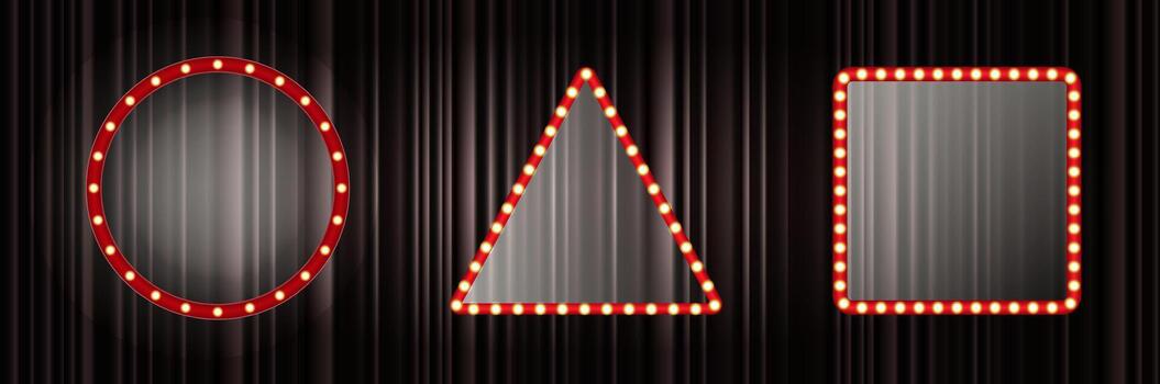 Brightly lit mirrors in three shapes are arranged against a dark curtain backdrop. The circular, triangular, and square designs share a vibrant red frame, creating a striking visual effect vector