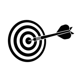 Art of black silhouette of a dart hitting the bullseye on a target, isolated on white background vector